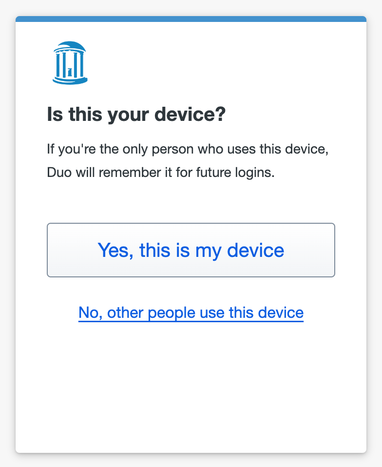 Screenshot showing the Duo "is this your device" interface with the large "yes, this is my device" button